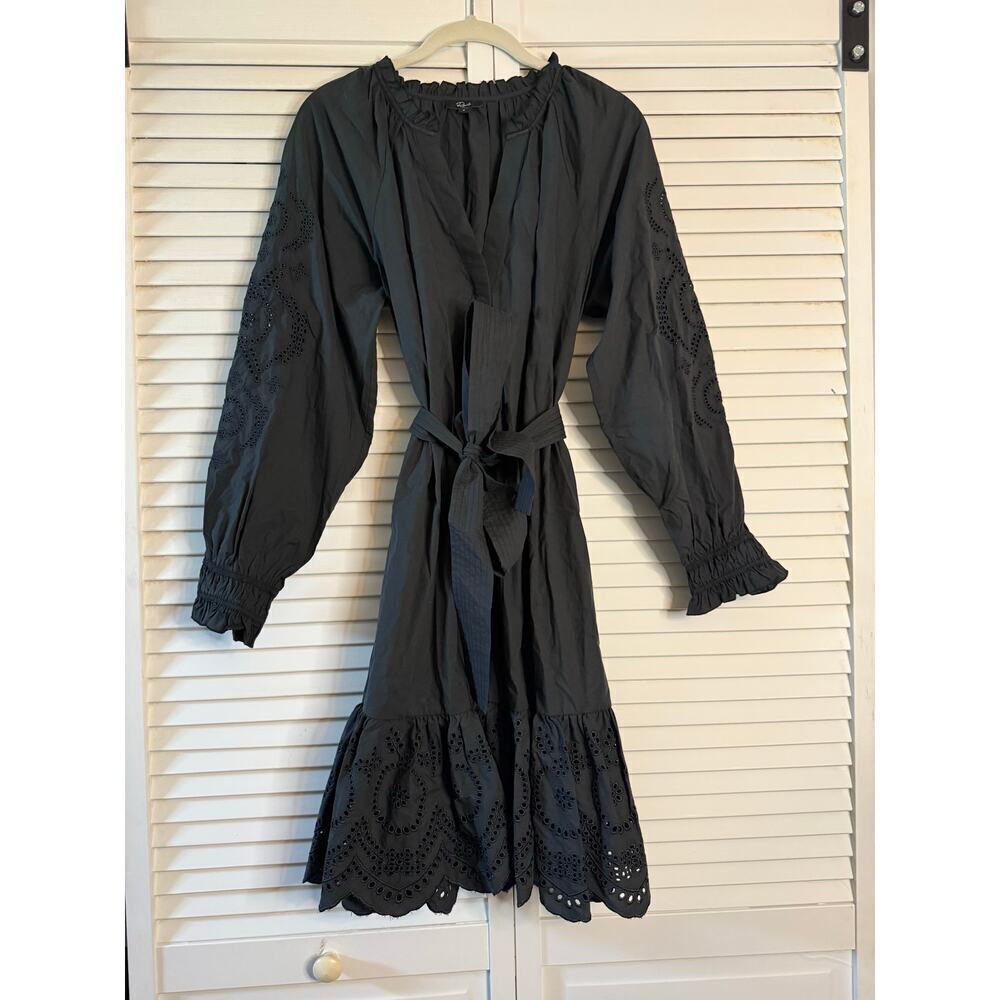 Rails Saylor Dress Black Eyelet Lace Long Sleeve Tile Belt Sz S - Picture 4 of 10